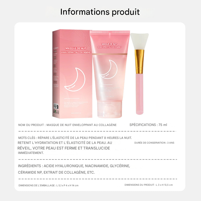 Masque Visage Hydratant au Collagène - Raffermissant Nuit Anti-Relâchement 75ml